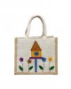 Small Designer Handmade Jute Fancy / Lunch Bag - sweet little home with zipper (8 x 5.5 x 10 inches)