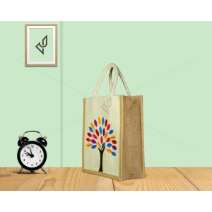 Designer jute lunch bag - Colourful And Charismatic Handcrafted Tree With Zipper (10 x 5 x 12 inches)