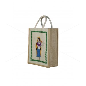 Designer Multi Utility Jute Bag - Alluring Handcrafted Beautiful Lady Holding A Diya With Zipper (12 x 5 x 14 inches)