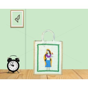Designer Multi Utility Jute Bag - Alluring Handcrafted Beautiful Lady Holding A Diya With Zipper (12 x 5 x 14 inches)