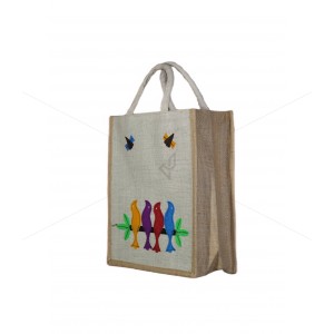 Designer Multi Utility Jute Bag -Prepossessing And Dollish Handcrafted Four Lovesome Birds With Zipper (12 x 5 x 14 inches)