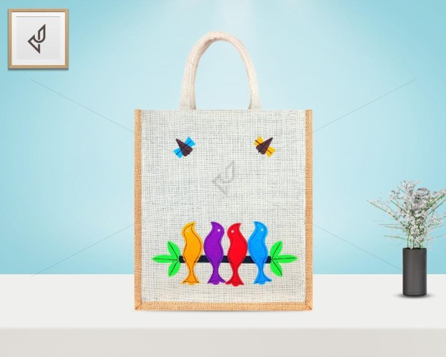 Designer Multi Utility Jute Bag -Prepossessing And Dollish Handcrafted Four Lovesome Birds With Zipper (12 x 5 x 14 inches)