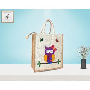 Designer Handcrafted Multi Utility Jute Bag - Lovely Assorted Shaded Owl With Zipper (12 x 5 x 14 inches)