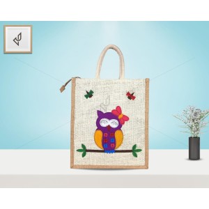 Designer Handcrafted Multi Utility Jute Bag - Lovely Assorted Shaded Owl With Zipper (12 x 5 x 14 inches)