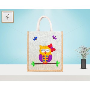 Designer Multi Utility Jute Bag - Lovely Assorted Shaded Owl With Zipper (12 x 5 x 14 inches)