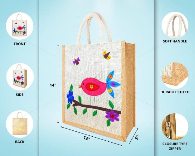 Designer Multi Utility Jute Bag - Mesmerizing And Pleasant Little Handcrafted Bird with zipper (12 x 5 x 14 inches)