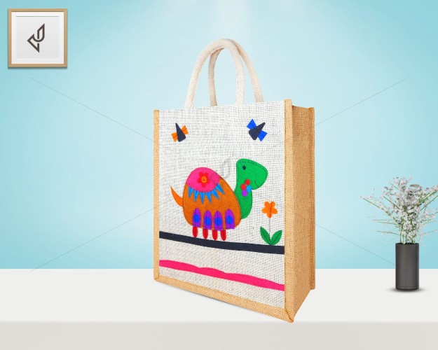 Designer Multi Utility Jute Bag - Cute And Lovely Animated Tortoise with zipper (12 x 5 x 14 inches)