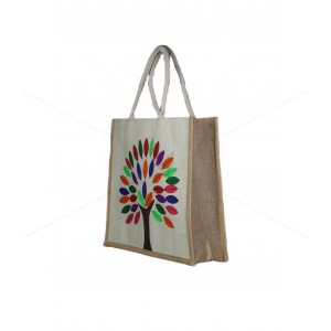 Premium Shopping Designer Jute Bag - Colourful And Charismatic Handcrafted Tree with zipper (14 x 5 x 16 inches)