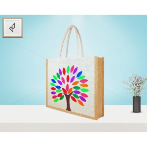 Premium Shopping Designer Jute Bag - Colourful And Charismatic Handcrafted Tree with zipper (16 x 5 x 14 inches)