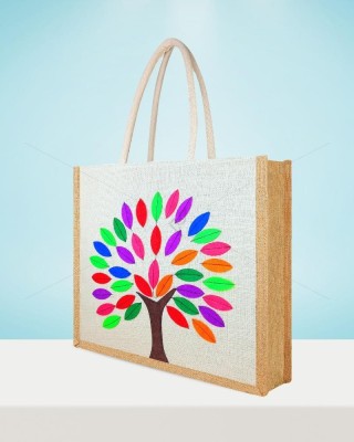 Premium Shopping Designer Jute Bag - Colourful And Charismatic Handcrafted Tree with zipper (16 x 5 x 14 inches)