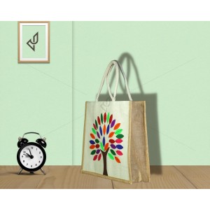 Premium Shopping Designer Jute Bag - Colourful And Charismatic Handcrafted Tree with zipper (14 x 5 x 16 inches)