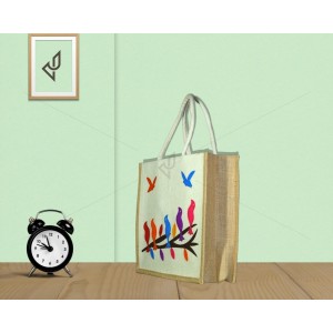 Premium Shopping Designer Handmade Jute Bag - Mesmerizing And Pleasant Little Handcrafted Bird with zipper (16 x 5 x 14 inches)