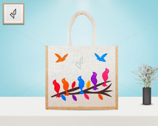Premium Shopping Designer Handmade Jute Bag - Mesmerizing And Pleasant Little Handcrafted Bird with zipper (16 x 5 x 14 inches)