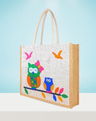 Premium Shopping Designer Handmade Jute Bag - Lovely Owl with zipper (16 x 5 x 14 inches)