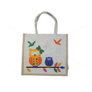Premium Shopping Designer Handmade Jute Bag - Lovely Owl with zipper (14 x 5 x 16 inches)