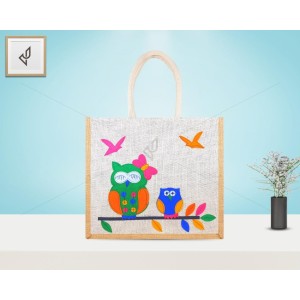 Premium Shopping Designer Handmade Jute Bag - Lovely Owl with zipper (16 x 5 x 14 inches)