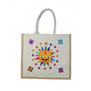 Premium Shopping Designer Handmade Jute Bag - Cute And Bright Little Animated Sun with zipper (14 x 5 x 16 inches)