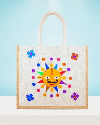 Premium Shopping Designer Handmade Jute Bag - Cute And Bright Little Animated Sun with zipper (16 x 5 x 14 inches)