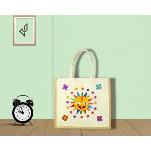 Premium Shopping Designer Handmade Jute Bag - Cute And Bright Little Animated Sun with zipper (16 x 5 x 14 inches)