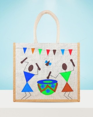 Premium Shopping Designer Handmade Jute Bag - Classic Yet Elegant Tribal Band with zipper (16 x 5 x 14 inches)