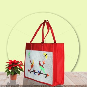 Premium Big Size Designer Handmade Jute Bag -  Flamboyant Handcraft Of Two Tiny Birds On A Branch With Zipper (19 x 6 x 15 inches)