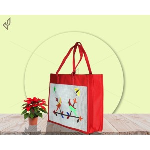 Premium Big Size Designer Handmade Jute Bag -  Flamboyant Handcraft Of Two Tiny Birds On A Branch With Zipper (19 x 6 x 15 inches)