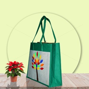 Premium Big Size Designer Handmade Jute Bag - Multicoloured Charismatic Handcrafted Big Tree with zipper (17 x 6 x 15 inches)