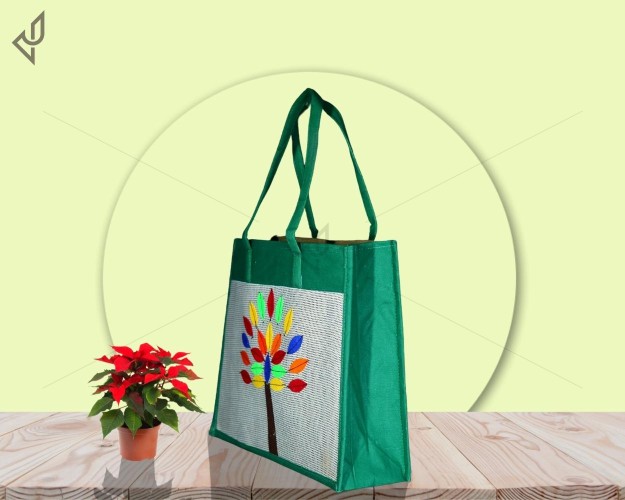 Premium Big Size Designer Handmade Jute Bag - Multicoloured Charismatic Handcrafted Big Tree with zipper (17 x 6 x 15 inches)