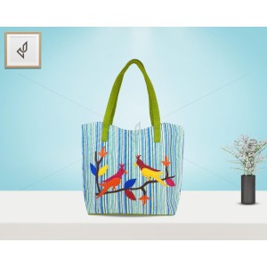 Designer Jute Handbag - A beautifully crafted spacious handbag with astounding cute little colourful parrots  (16x12 inches)