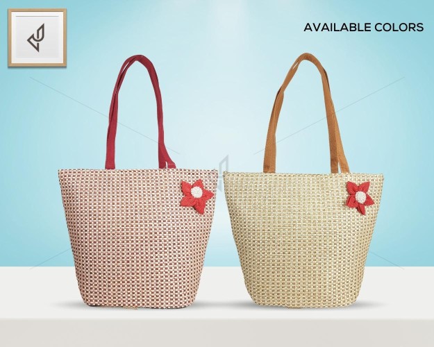 Designer Jute Handbag - An endearingly crafted jute handbag with a quaint little flower (16 x 11 inches)