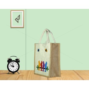 Bulk Buying  -  Designer jute lunch bag - Prepossessing And Dollish Handcrafted Four Lovesome Birds With Zipper (10 x 5 x 12 inches)