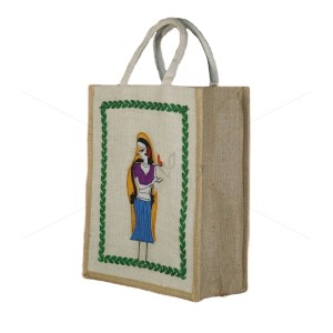 Bulk Buying - Designer Multi Utility Jute Bag - Alluring Handcrafted Beautiful Lady Holding A Diya With Zipper (12 x 5 x 14 inches)