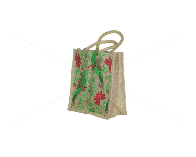 Gift Bag - A multi-purpose jute bag with a cute print of parrots sitting on a tree (10 x 5 x 11 inches)
