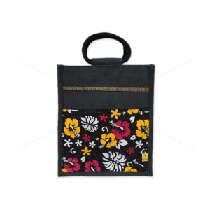Fancy utility bag - A jute handbag with an convincing and colourful canvas flower design (14 x 5 x 11.5 inches)