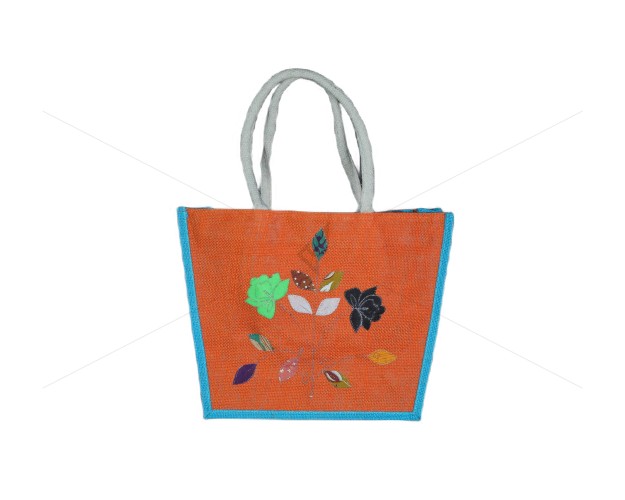 Fancy utility bag - A jute handbag with an elegant embroidery flower design (14 x 5 x 11.5 inches)