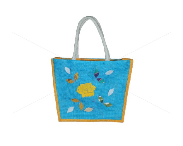 Fancy utility bag - A jute handbag with an elegant embroidery flower design (14 x 5 x 11.5 inches)