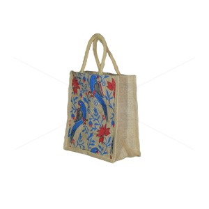 Bulk Buying - Gift Bag - A multi-purpose jute bag with a cute print of parrots sitting on a tree (10 x 5 x 11 inches)