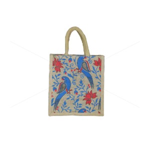 Bulk Buying - Gift Bag - A multi-purpose jute bag with a cute print of parrots sitting on a tree (10 x 5 x 11 inches)
