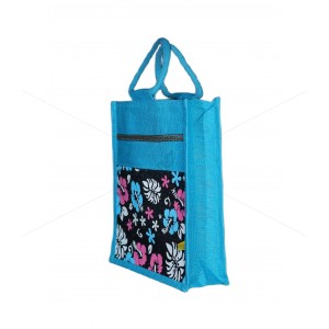 Bulk Buying - Fancy utility bag - A jute handbag with an convincing and colourful canvas flower design (14 x 5 x 11.5 inches)