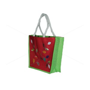 Bulk Buying - Fancy utility bag - A jute handbag with an elegant embroidery flower design (14 x 5 x 11.5 inches)