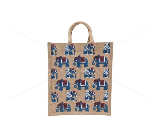 Multi Utility Jute Gift Bag - Random Colour Elephant Print with Zipper (12 X 5 X 14 inches)