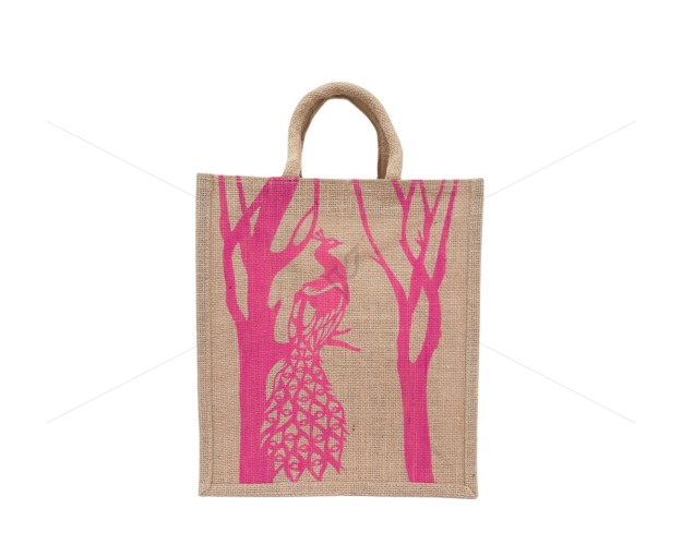 Fancy Bag - A flamboyant jute bag with a lovely peacock print (12 x 5 x 14 inches)