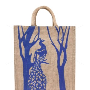 Fancy Bag - A flamboyant jute bag with a lovely peacock print (12 x 5 x 14 inches)