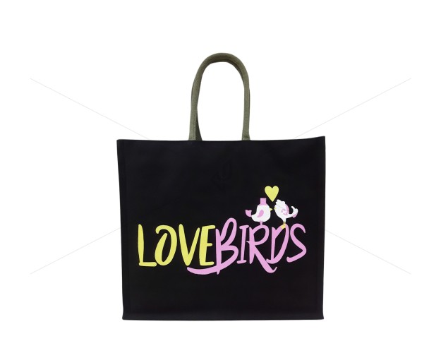 Shopping Bag - A starry black shopping bag with a cool print of love birds  (19 x 7 x 17 inches)