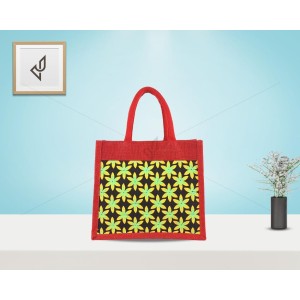 Fancy Bag - A cute little jute bag with bright flower prints with zipper (11 x 4.5 x 10 inches)