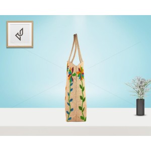 Hand Bag - A multi-purposed jute handbag with prepossessing and colourful flowers (14 x 5.5 x 16 inches)