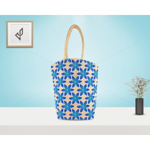Hand Bag - A long multi-utility jute handbag with sparkling flower print (14.5 x 6 x 16 inches)