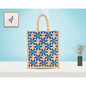 Lunch Bag - A simple jute lunch bag with starry flower print and zipper (12 x 5 x 14 inches)