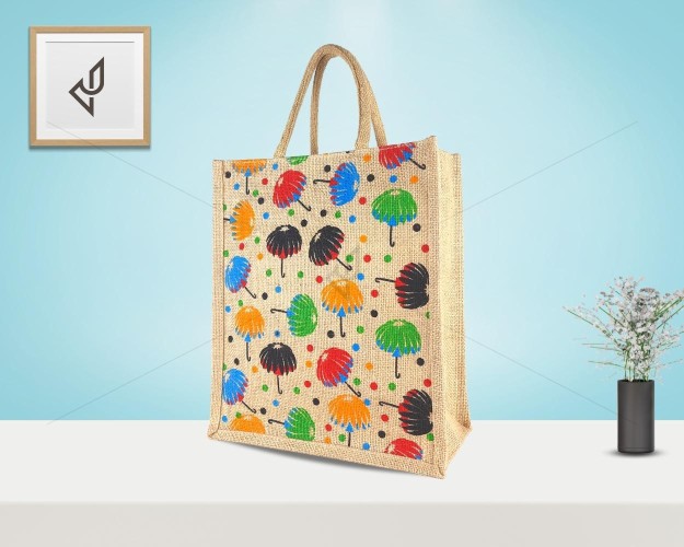Gift Bag - A multi utility jute bag having colourful cute umbrella prints with zipper (12 x 6 x 14 inches)