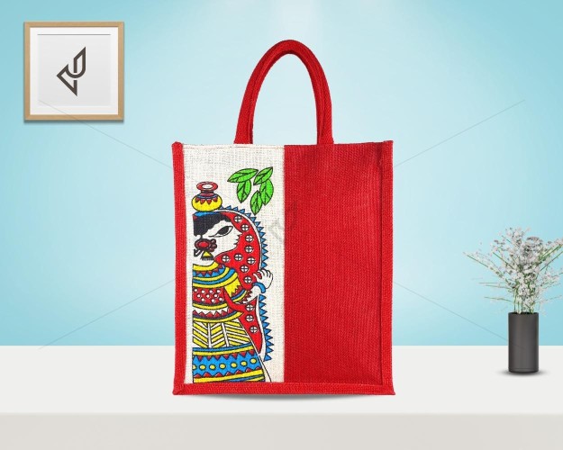 Gift Bag - A multi utility jute bag having an appealing print of Radha on one side with zipper (12 x 5 x 14 inches)